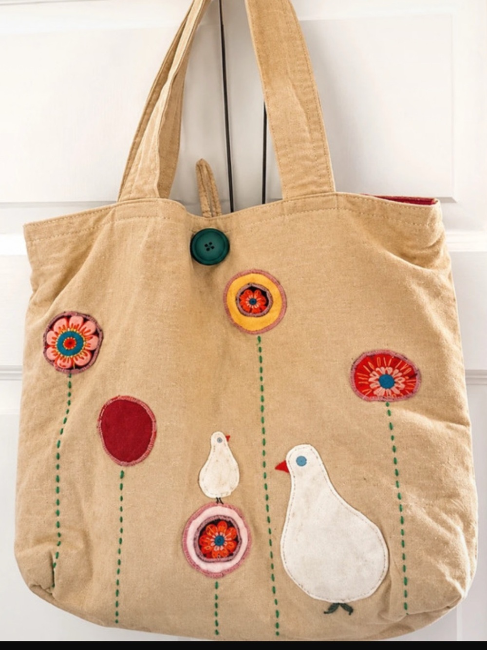 Cute Vintage Two Time Appliqué Bird Tote - Folk Art Canvas Bag